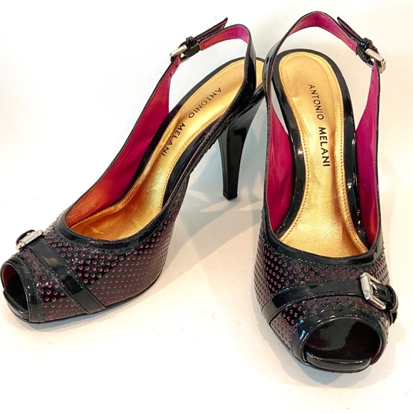Antonio Melani Slingback Black/Pink Leather Heels - Picture 10 of 11